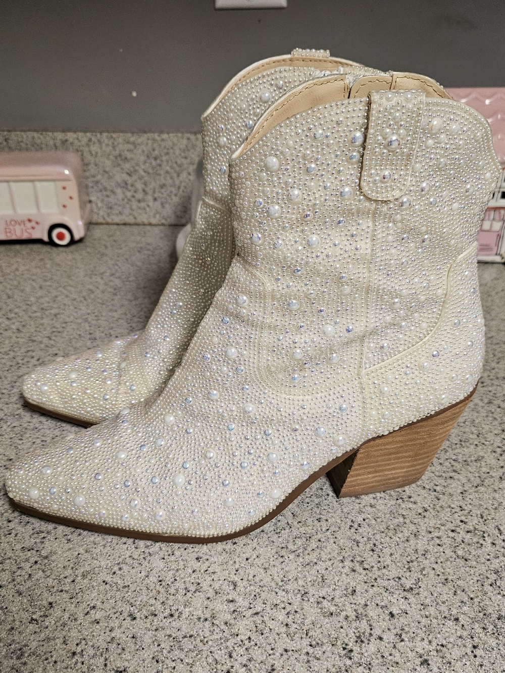 Betsey Johnson Pearl & Rhinestone Ivory Western Ankle Boots